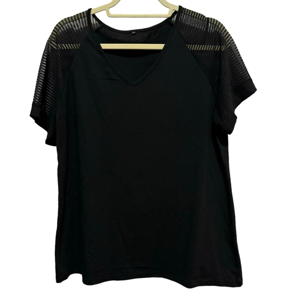 Black - short sleeved knit blouse with sheer sleeve fabric - Size XL
